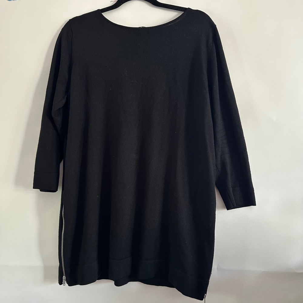 COS Black 100% Wool Side Zip Tunic Sweater Mini Dress Large 3/4 Sleeve
